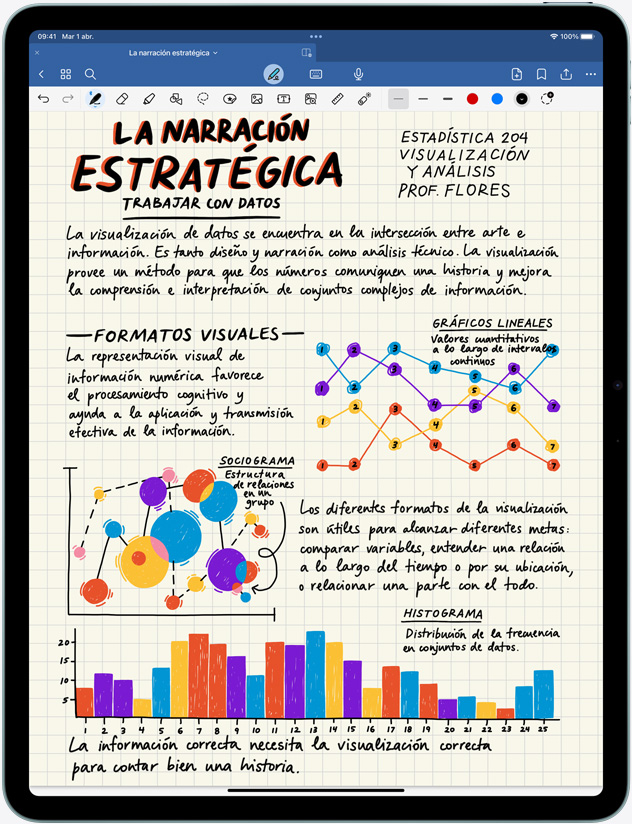 iPad Air en posición vertical, notas e imágenes en la pantalla