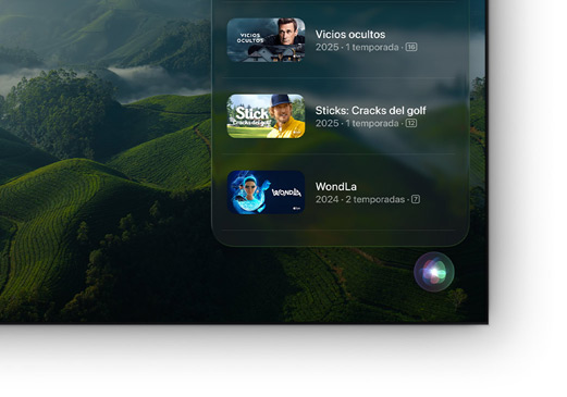 Un televisor de pantalla plana que muestra una lista de series y películas de Apple TV