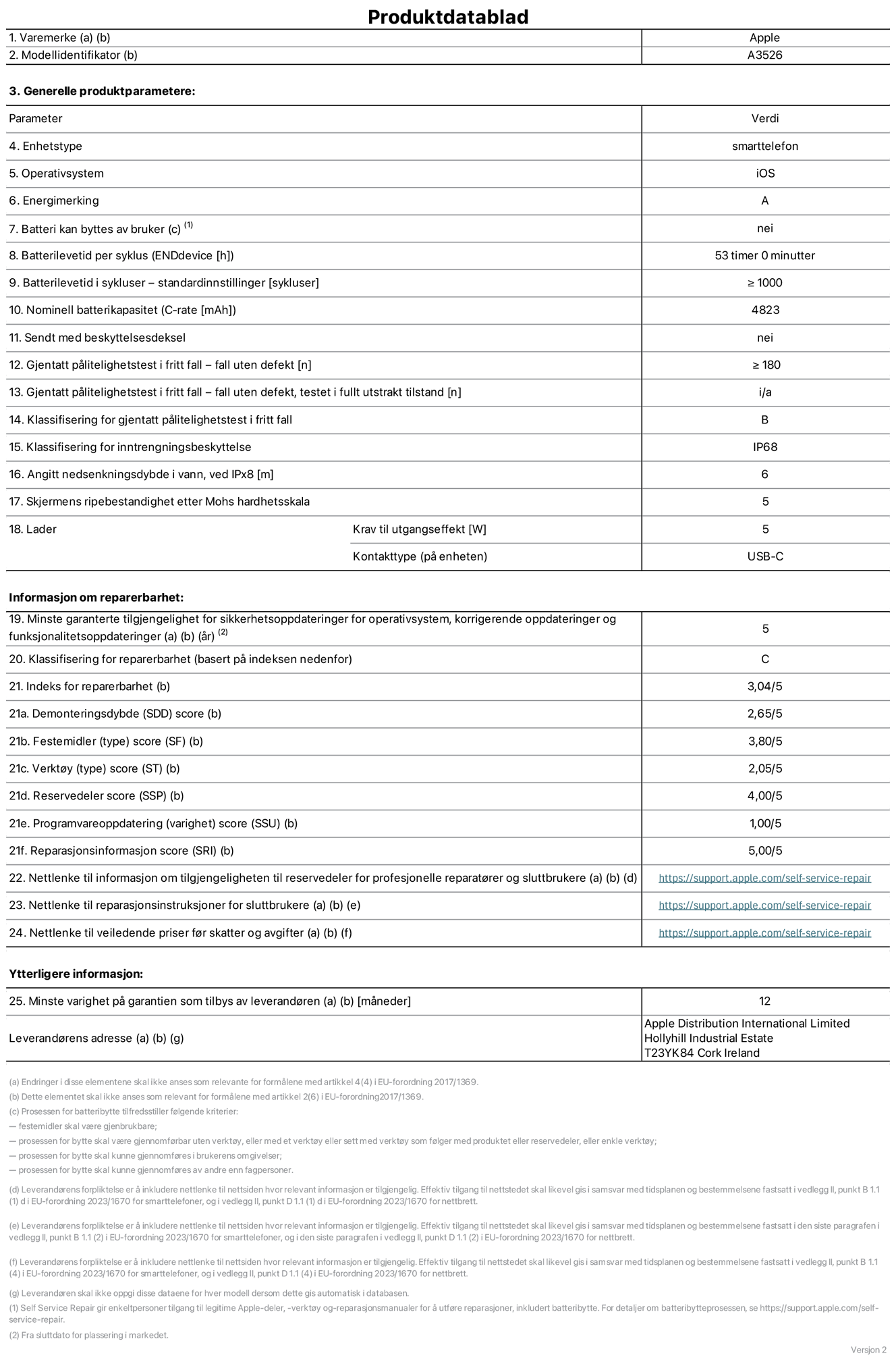 Produktdatablad for iPhone 17 Pro Max – modell A3526. Levert av Apple Distribution International Limited, Hollyhill Industrial Estate. Cork, Irland, T23 YK84. Enhetstype: smarttelefon. Operativsystem: iOS. Energieffektivitetsklasse: A. Batteriet kan byttes av brukeren: nei. Batteriets holdbarhet per ladesyklus: 53 timer. Batteriets holdbarhet i antall ladesykluser – standardinnstillinger: større enn eller lik 1000. Nominell batterikapasitet: 4823 mAh Leveres med beskyttelsesdeksel: nei. Holdbarhetstest ved gjentatte fall – antall fall uten feil: større enn eller lik 180. Holdbarhetstest ved gjentatte fall – antall fall uten feil i helt utfoldet tilstand: ikke relevant. Holdbarhetsklasse ved gjentatte fall: B. Kapslingsgrad: IP68. Angitt nedsenkingsdybde i vann ved IPx8: 6 meter. Skjermens ripefasthet på Mohs skala: 5. Krav til laderens utgangseffekt: 5 watt. Laderens stikkontakt (på enhetssiden): USB-C. Minstegaranti for tilgang på sikkerhetsoppdateringer, feilrettinger og funksjonsoppdateringer til operativsystemet: 5 år. Reparerbarhetsklasse: C. Reparerbarhetsindeks: 3,04/5. Demontering: 2,65/5. Festeanordninger: 3,80/5. Verktøy: 2,05/5. Reservedeler: 4,00/5. Programvareoppdateringer: 1,00/5. Informasjon om reparasjon: 5,00/5. Lenke til informasjon om tilgjengelighet for reservedeler for profesjonelle reparatører og sluttbrukere: https://support.apple.com/no-no/self-service-repair. Lenke til reparasjonsveiledning for sluttbrukere: https://support.apple.com/no-no/self-service-repair. Lenke til veiledende priser ekskl. mva: https://support.apple.com/no-no/self-service-repair. Produktet omfattes av en 12-måneders generell garanti