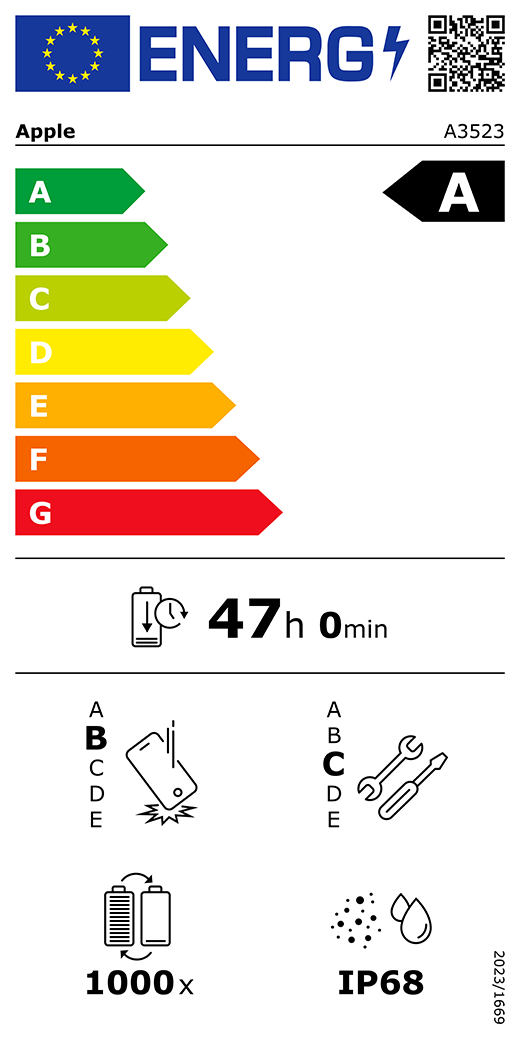 EU Energy Label QR code and information, Apple model A3523, class A, energy efficiency classes (with a scale from A to G), A (most efficient) to G (least efficient), battery endurance per cycle, 47 hours and 0 minutes per full battery charge, repeated free fall reliability class B, A (most robust) to E (least robust), repairability class C, A (most repairable) to E (least repairable), 1,000 battery endurance in cycles, dust and water ingress protection (IP) rating IP68, regulation 2023/1669.