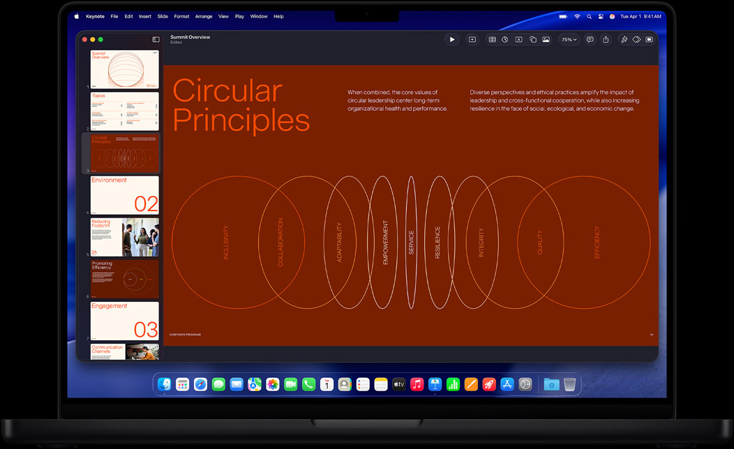 Ecrã do MacBook Pro com uma apresentação Keynote a ser elaborada para uma conferência empresarial