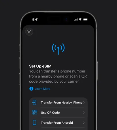 iPhone 17 Pro, front exterior, using the Set Up Cellular feature to easily transfer a phone number with eSIM