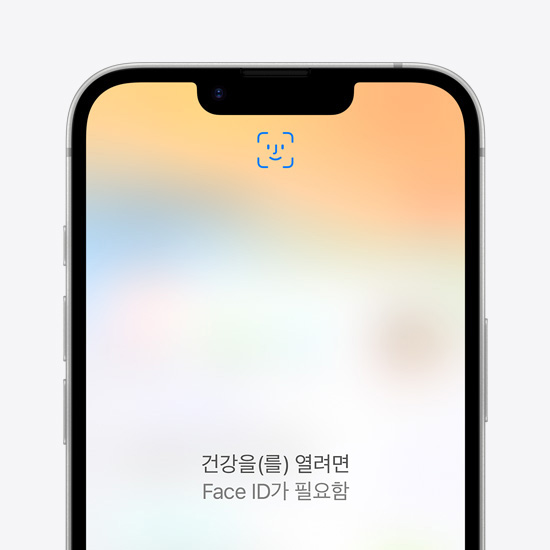 Face ID로 건강 앱에 로그인하는 모습이 표시되어 있는 iPhone 16e 화면 일부.