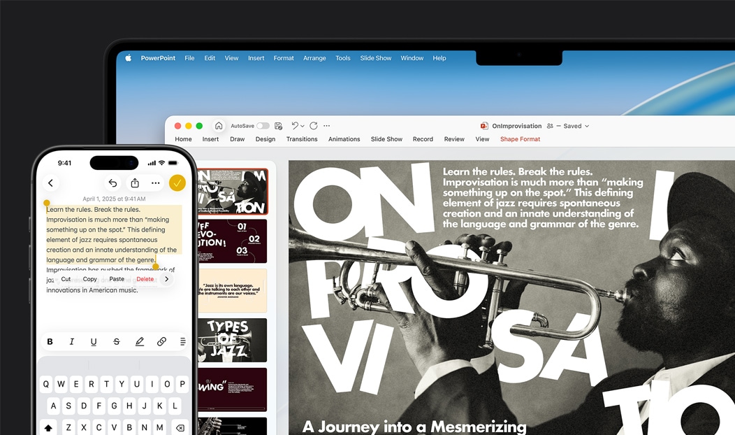 iPhone 16 Plus, kurā Notes aplikācijā ir izcelts teksts, MacBook Pro ar atvērtu Keynote slaidu, teksts no Notes aplikācijas ir redzams slaidā