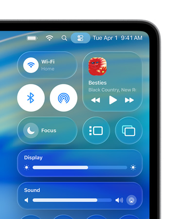 الجهة اليمنى من شاشة Mac تعرض عناصر تحكم مخصصة في مركز التحكم، مثل Wi-Fi وBluetooth، وهي بتصميم Liquid Glass‏