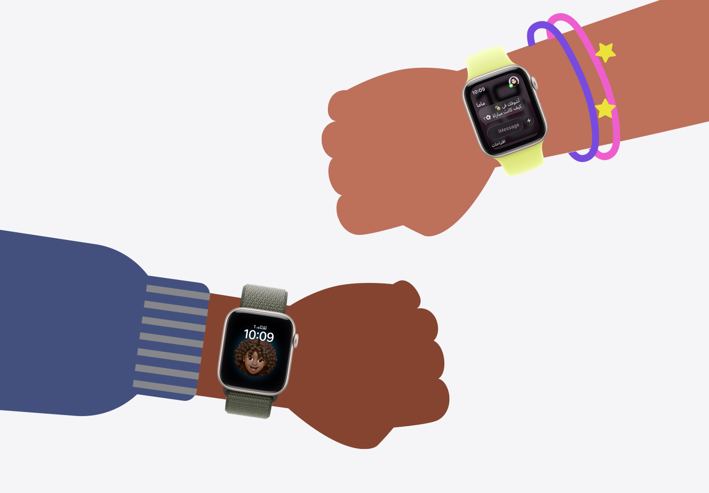 Apple Watch لأطفالك، رسم كرتوني لمعصم طفل يرتدي Apple Watch SE 3‏