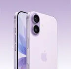 薰衣草紫色 iPhone 17 機身正面和機背的側看角度，雙融合相機系統位於左上角，同時展示相機控制按鈕；機身正面展示全螢幕設計、動作按鈕、音量按鈕和側邊按鈕