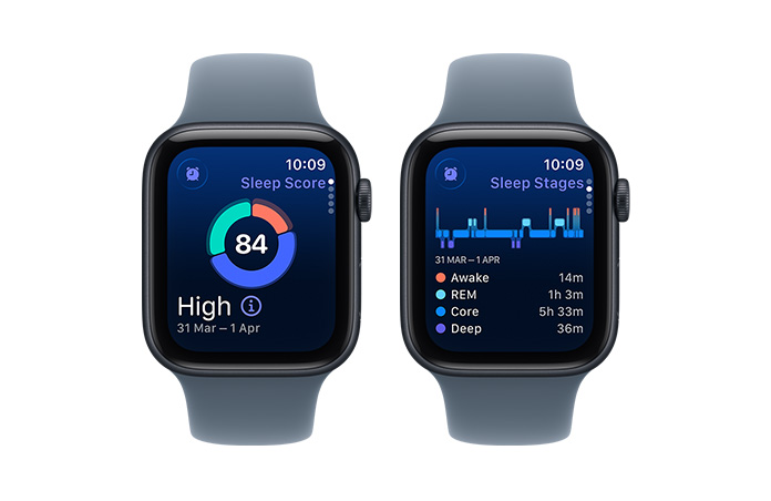 Apple Watch SE 3, sleep score, circle graph and score number, sleep stages analyses awake, REM, core and deep sleep stages