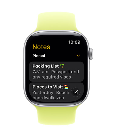 Apple Watch Series 11, face shows Notes app, with two Pinned notes