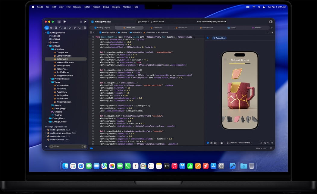 Ecranul MacBook Pro afișează o aplicație în curs de dezvoltare în Xcode