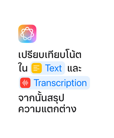 เปรียบเทียบโน้ตใน Text และ Transcription จากนั้นสรุปความแตกต่าง โดยไฮไลท์คำว่า 'Text' และ 'Transcription' ด้วยสีฟ้าเหมือนที่แสดงในแอปคำสั่งลัด
