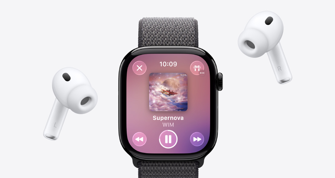 AirPods Pro 3, white, silicone tips, Apple Watch Series 11, aluminum case, polished jet black color, Apple Music playing, Sport Loop, dark gray color