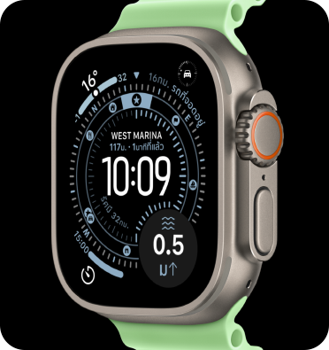 Apple Watch Ultra 3, natural color, titanium case, Orienteering watch face, complications: weather, parked car location, satellite, and distance to surface, right side exterior, Digital Crown, microphone, side button, Ocean Band, neon green color