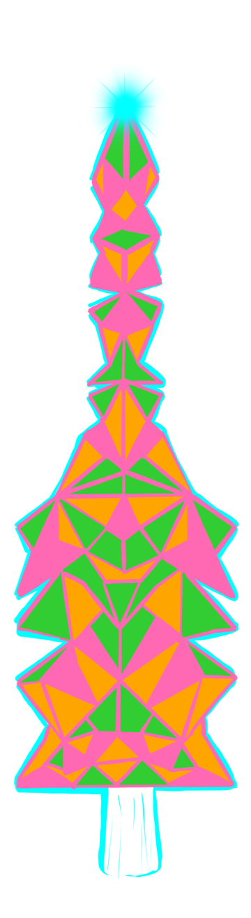 A vibrant tree composed of bright green, pink, orange and blue geometric shapes.