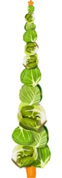 A quirky tree composed entirely of Brussels sprouts, piled on top of one another.