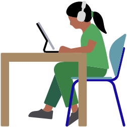 Iemand die AirPods in heeft gebruikt een iPad aan een bureau