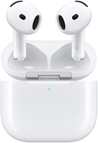 Auki oleva AirPods 4 ‑latauskotelo, AirPodit leijuvat sen yllä.