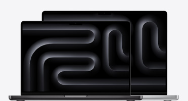 Imagen de un MacBook Pro de 14 pulgadas y otro de 16 pulgadas en la que se aprecia la diferencia de tamaño