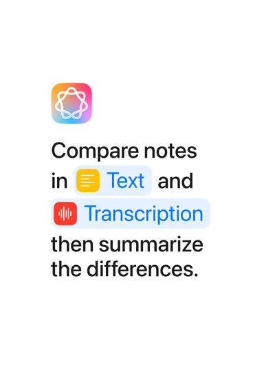 圖中顯示英文字樣「Compare notes in Text and Transcription then summarize the differences」，當中的「Text」和「Transcription」字樣以藍色標示，效果如同在捷徑 app 上的顯示