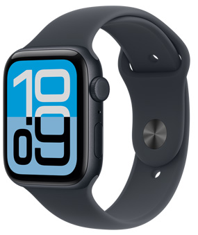 Apple Watch SE 3, caja de aluminio, color medianoche, esfera Flujo, lateral derecho, Digital Crown, micrófono, botón lateral, correa deportiva color medianoche, cierre de clip color plata