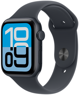 Apple Watch SE 3, Aluminiumgehäuse, Farbe Mitternacht, Wandel Zifferblatt, rechte Seitenansicht, Digital Crown, Mikrofon, Seitentaste, Sportarmband Mitternacht, Pin-Verschluss Silber