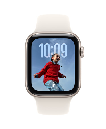 Apple Watch SE 3, Aluminiumgehäuse, Farbe Polarstern, Smart Stapel Hinweis, Hinweis zum Outdoor-Lauftraining, rechte Seitenansicht, Digital Crown, Sportarmband, Farbe Polarstern