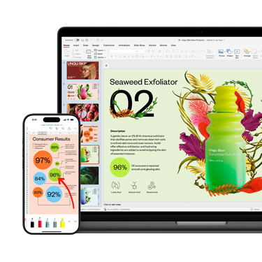 Front view of an Mac and an iPhone displaying different sections of the same vibrant and colorful presentation focused on a skincare product.