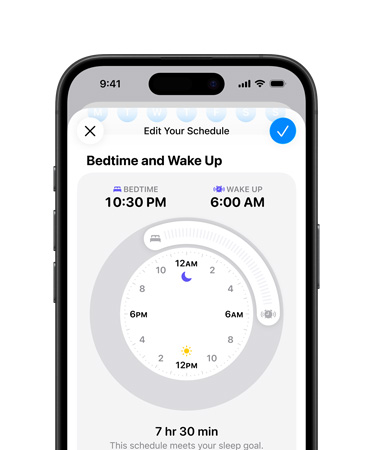 iPhone, Health app open to sleep schedule, bedtime set to 22:30, wake up set to 07:00, radial time dial in centre screen, 8 hr 30 min sleep goal met