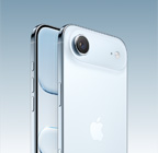 iPhone Air, Sky Blue color, back angled exterior, Fusion Main camera system in plateau at top, Camera Control button, front side exterior all screen design, Action and volume buttons