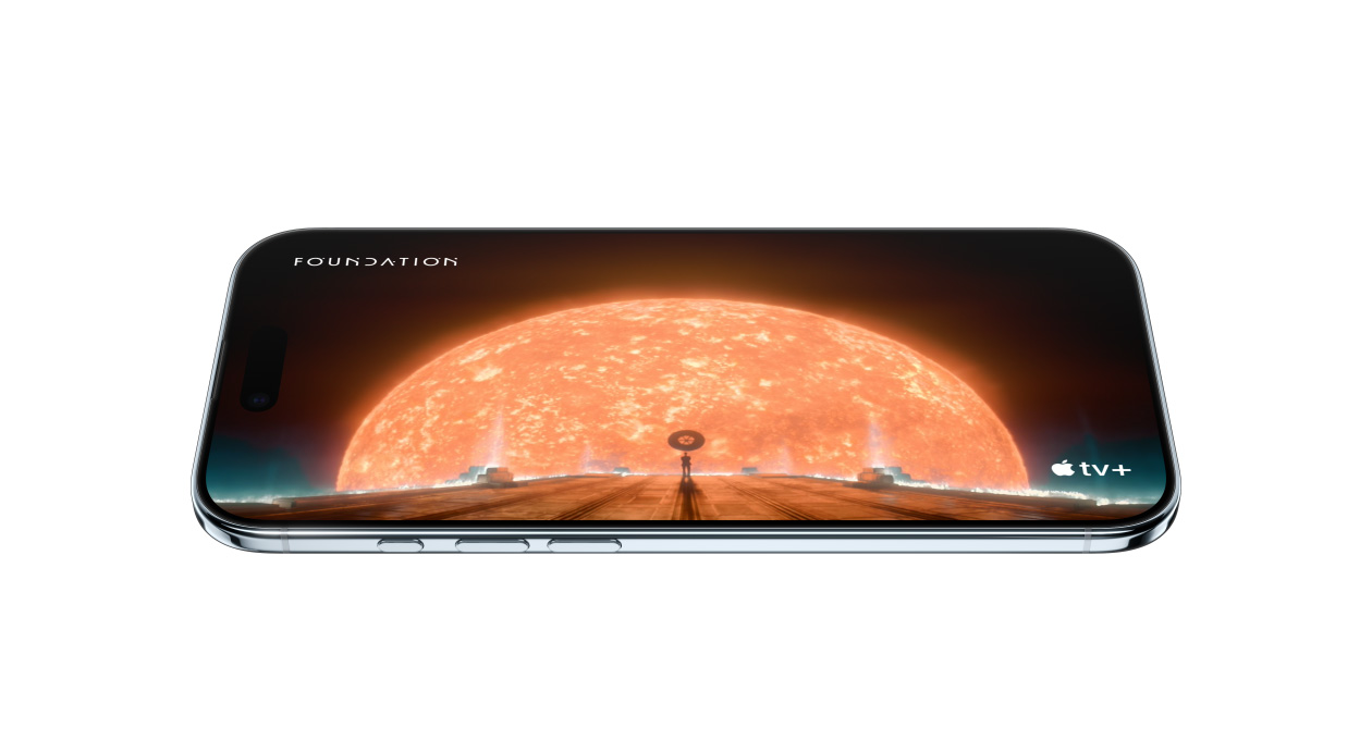 iPhone Air, front exterior, side exterior, showing static of scene from Apple TV+ series Foundation