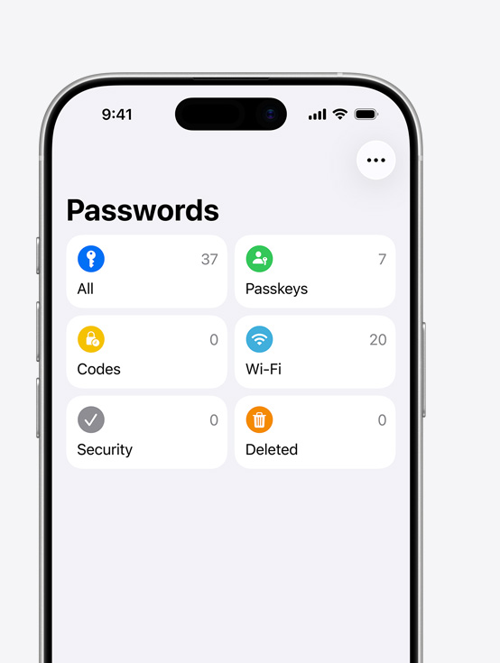 iPhone screen showing Passwords menu with options All, Passkeys, Codes, Wi-Fi, Security, Deleted
