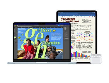 MacBook Pro, AirPods, and iPad next to each other