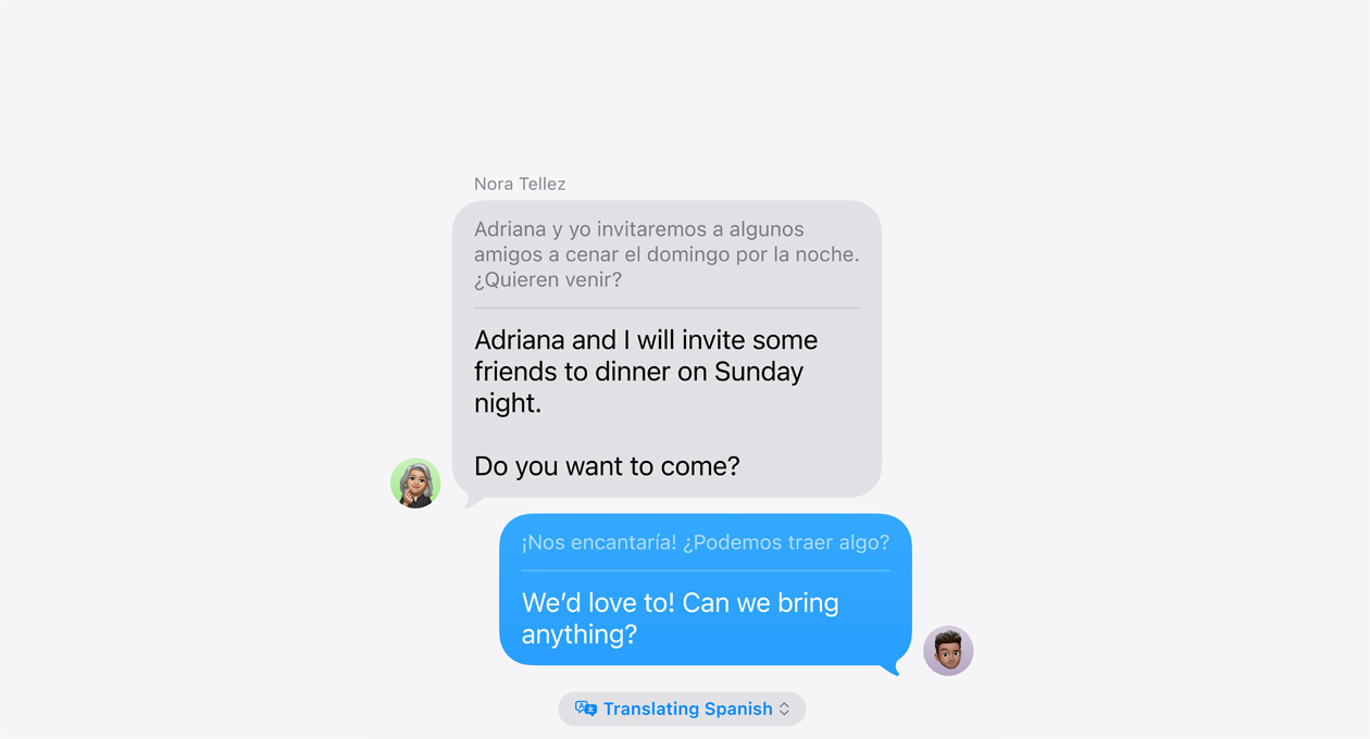 ميزة الترجمة المباشرة في تطبيق الرسائل مع مثال عن الترجمة التلقائية بين اللغتين الإسبانية والإنجليزية