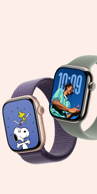 Apple Watch Series 11 devices, aluminum case, Space Gray color, and titanium case, natural color, Snoopy and Photos watch faces, Sport Loop, purple fog color, Solo Loop, green gray color