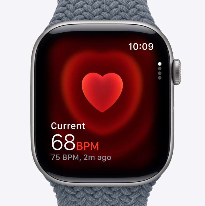 Apple Watch Series 11, aluminum case, Space Gray color, Heart Rate app, current beats per minute