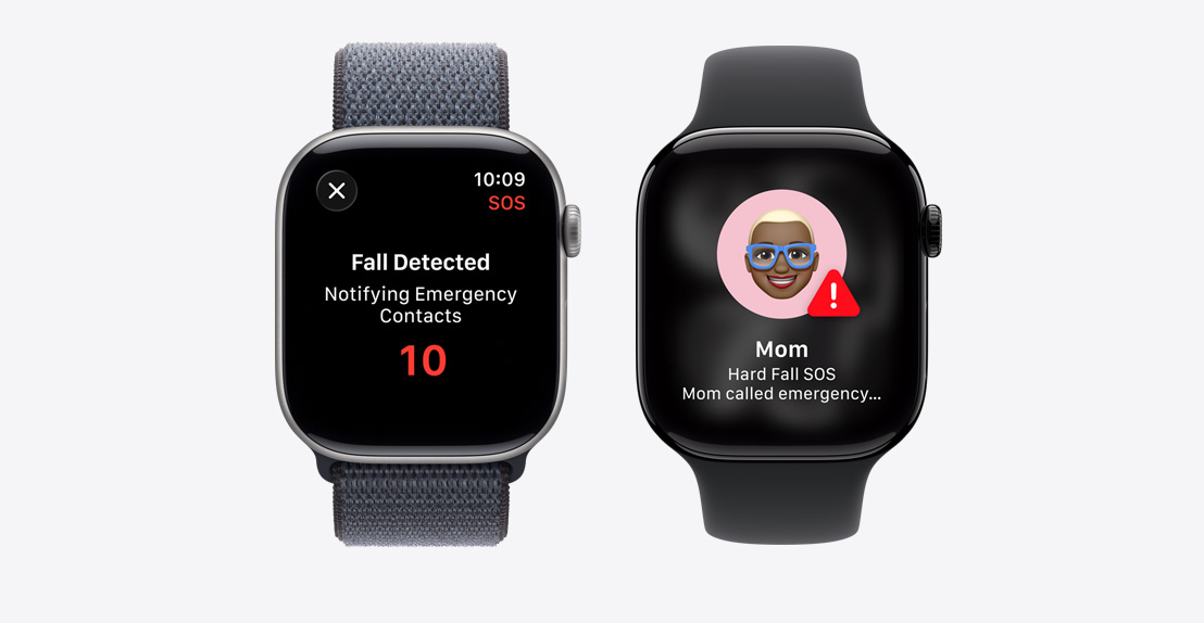 Apple Watch Series 11, notification de détection d’un accident, bouton d’appel d’urgence, nouvelle notification indiquant: Maman a chuté et appelé les secours