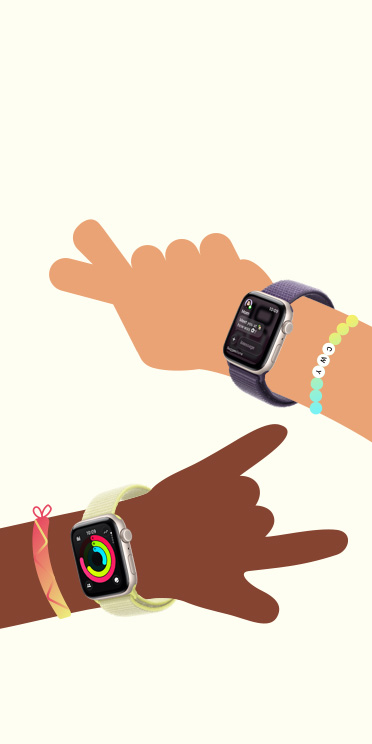 Illustration of two children's hands wearing Apple Watch SE 3