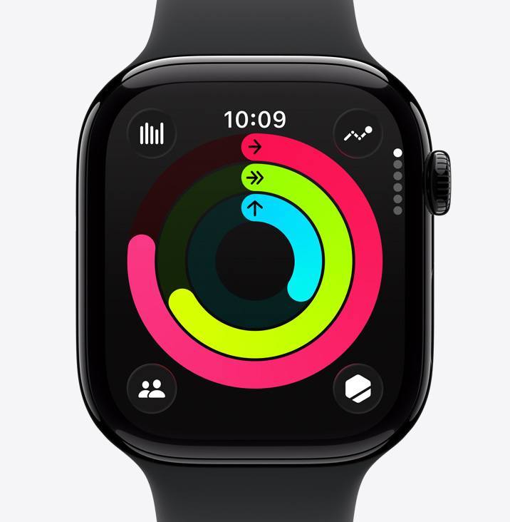 Apple Watch Series 11, aluminum case, polished jet black color, Activity rings: Move, Exercise, Stand, Sport Band, black color