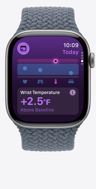 Apple Watch Series 11, aluminum case, space gray color, Vitals app, chart scoring health, wrist temperature above baseline notification, right side, Digital Crown, anchor blue Braided Solo Loop