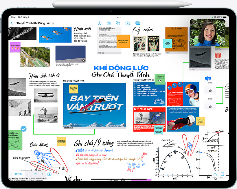 iPad Air, màn hình hiển thị Freeform và người dùng trong cuộc gọi FaceTime
